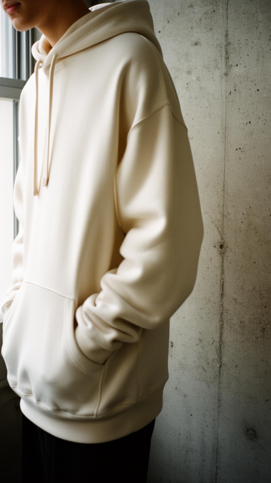 Bone heavyweight hoodie on figure against concrete wall