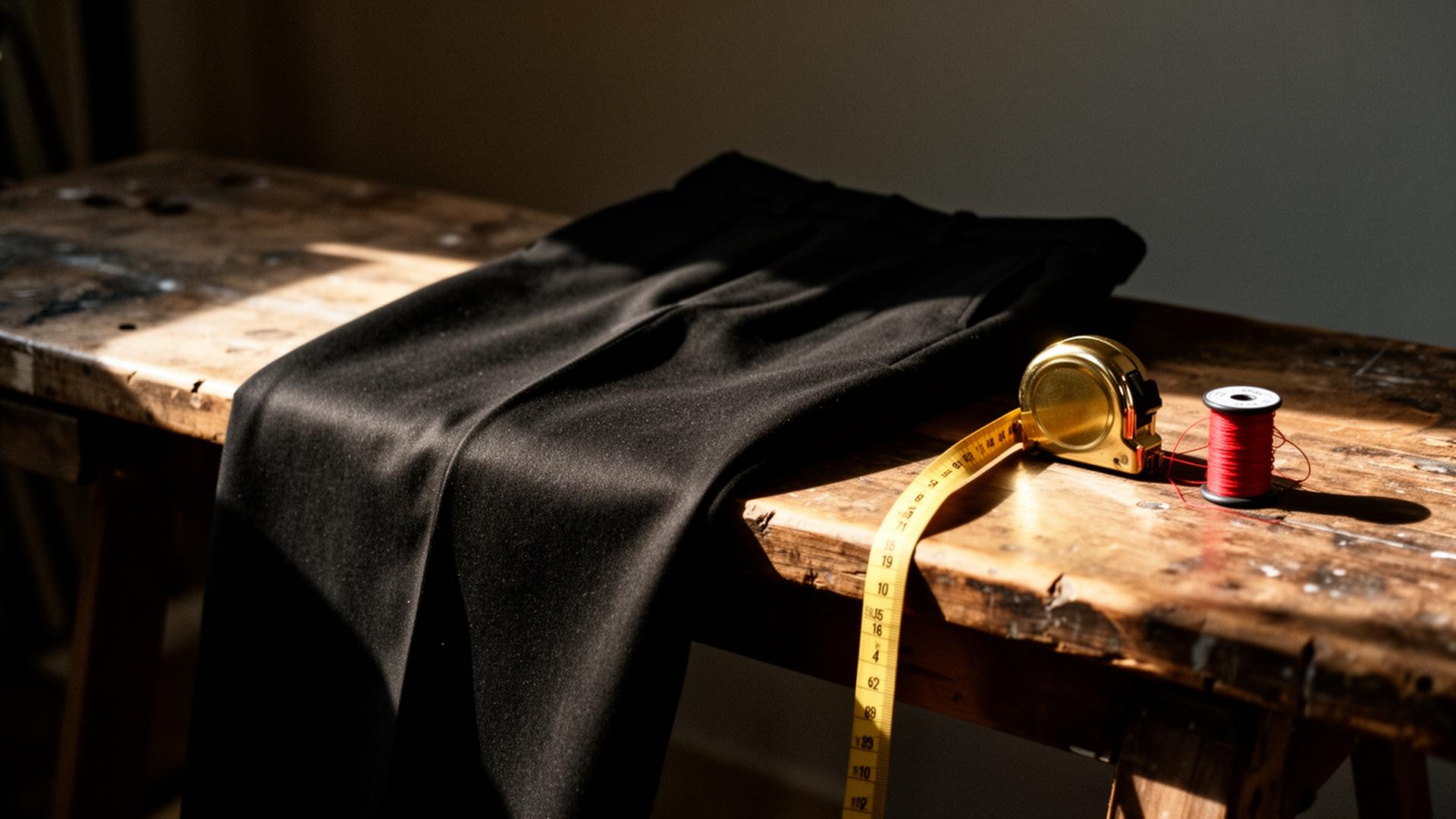 Black wool trousers draped on a wooden cutting bench in the atelier